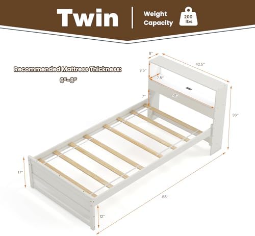 KOMFOTT Twin Size Wood Platform Bed Frame with Charging Station & LED Light, Platform Bed with Storage Headboard & 12” Under-Bed Space, No Box Spring Needed Bed Base, Wood Mattress Foundation (White)