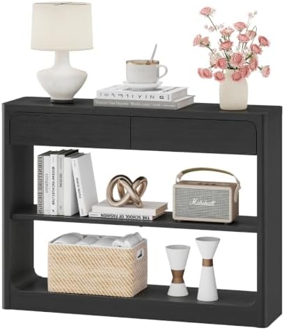 FATORRI Console Table with 2 Drawers, 43.3 Inch Farmhouse Narrow Entryway Table with Storage Shelves, Rustic Sofa Tables Behind the Couch for Hallway, Living Room, Foyer (Black)