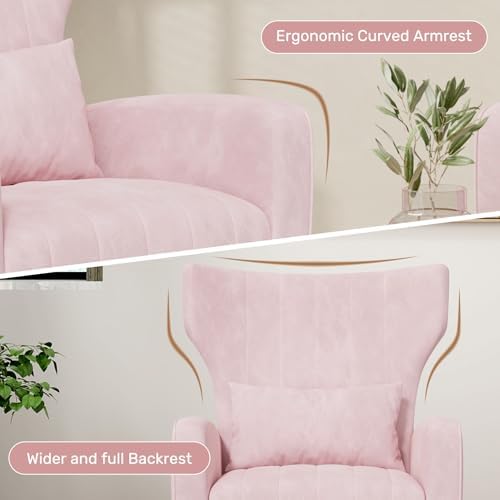 Nebuaegis Pink Velvet Accent Chair Set of 4, Wingback Chair for Living Room, High Back Arm Chair with Golden Legs Lumbar Pillow, Upholstered Single Sofa Bedroom