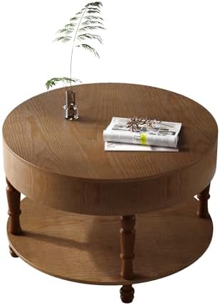 Round Wood Coffee Table for Living Room, Rustic Farmhouse Circle Coffee Tables with Storage 2-Tier Solid Wood Coffee Table for Apartment Office 31.5''Walnut