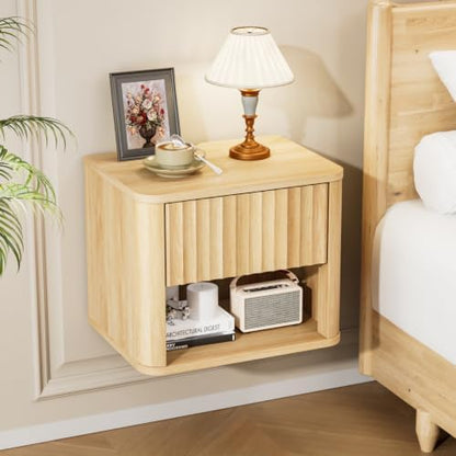 VINGLI Floating Nightstand, Fluted Night Stand Rounded Edge, 1 Drawer Bed Side Table, Storage Oak Nightstand with Drawers, Wood Night Stand End Table for Bedroom, 15.75" W x 11.81" D x12.87 H