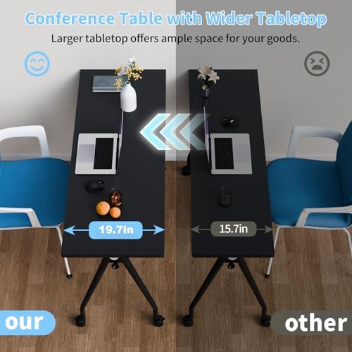 Folding Conference Table, Conference Room Tables with Wheels Foldable Large Rectangle Meeting Seminar Table for 6-12 People, Flip Top Mobile Training Table for Office Classr (4, Black 3, 61in)