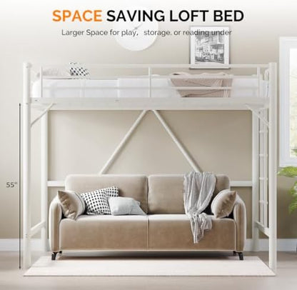 VINGLI Queen Loft Bed with Flat Rungs for Adults, Kids and Young Teens, No Box Spring Required,Heavy Duty Metal Slat Support, Cloud White