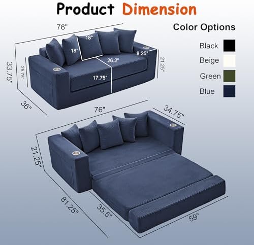 76" Convertible Sofa Bed, Corduroy Boneless Couch with Cup Holders & Pocket