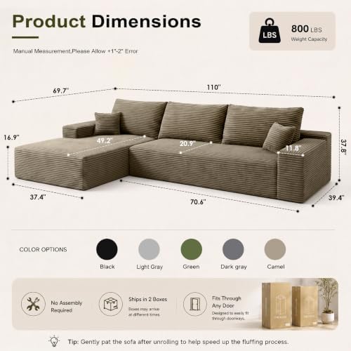 96" Boneless Sectional Couches, Cloud Sofas for Living Room