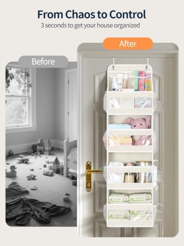 Yecaye 5 Tier Over the Door Organizer, Swing-proof Door Organizer Hanging with Clear PVC Windows, Behind the Door Storage for Bedroom Nursery Closet Laundry Pantry Bathroom, Cream White