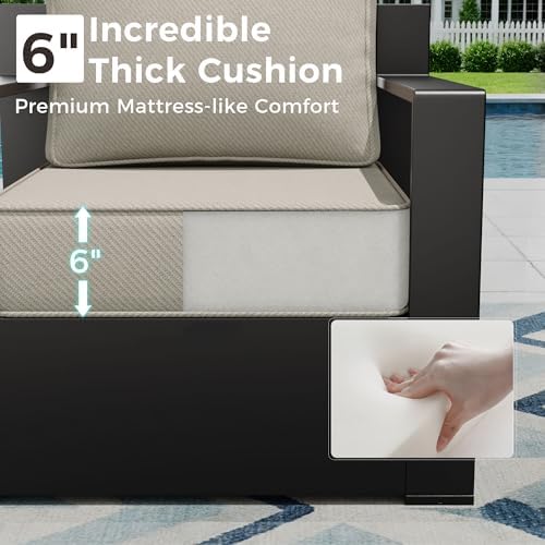 Outdoor Patio Furniture Set, 6-Piece Aluminum Patio Conversation Set All-Weather Metal Outdoor Sectional with 6 Inch Thick Cushions, Deep Setting for Garden, Outside and Porch, Beige
