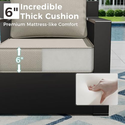 Outdoor Patio Furniture Set, 6-Piece Aluminum Patio Conversation Set All-Weather Metal Outdoor Sectional with 6 Inch Thick Cushions, Deep Setting for Garden, Outside and Porch, Beige