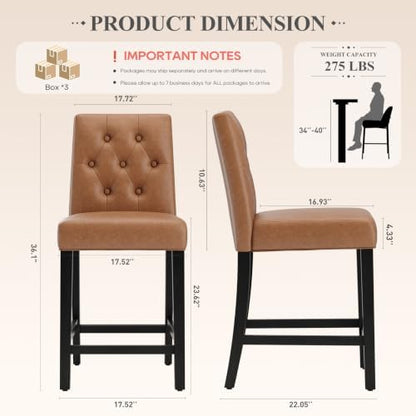 MALOL Bar Stools Set of 2 Faux Leather Counter Height Bar Stools,Lightbrown