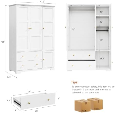 ONBRILL 3 Doors Wooden Wardrobe Closet, Large Capacity Bedroom Armoires