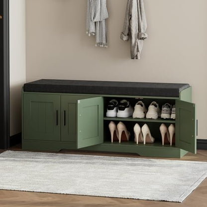 Shoe Storage Bench, 4 Doors & Thickened Padded Seat Cushion
