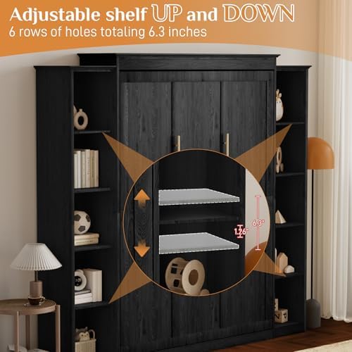 Queen Size Murphy Bed with 2 Storage Cabinet, Farmhouse Wood Hidden Foldable Wall Bed Frame, Space Saving Beds with Shelves, Murphy Bed Queen for Guest Room,Apartment,Office,Bedroom, Black Grey