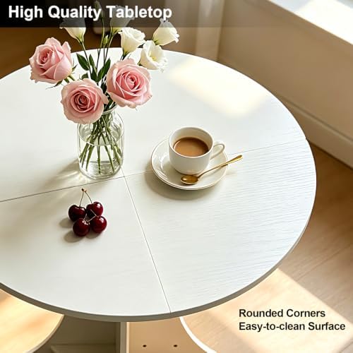 32" Modern Round Dining Table for 2-4 People Circle Farmhouse Kitchen Table Small Space Dining Room Table with White Top & Pedestal Base for Dining Room/Kitchen/Living Room