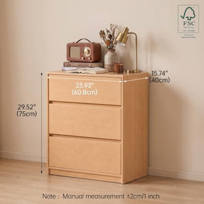 100% Solid Wood Nightstand, Wide Tall NightStand with 3 Drawers for Bedroom, Modern Design for Bedroom, Living Room, Closet, Natural Rubber(23.93" W x 15.74" D x 29.52" H)