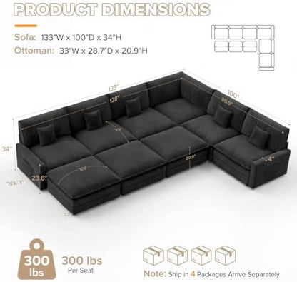 Oversized Modular Sectional Sofa, Cozy Cloud Couch with 3 Ottomans & Corner