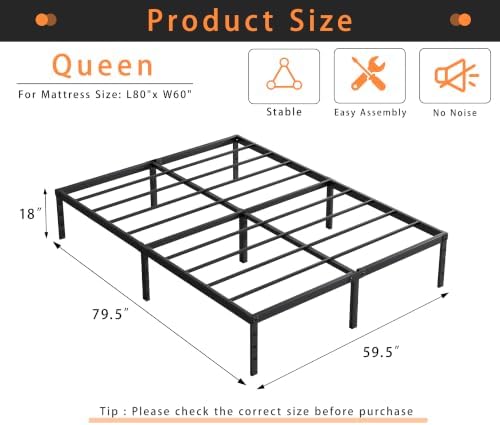 Queen Size Metal Platform Bed Frame 18 Inch Tall, No Box Spring Needed, Heavy Duty Sturdy Support, Underbed Storage Space, Easy Assembly, Black