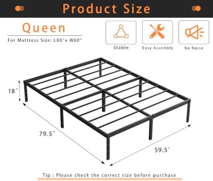 Queen Size Metal Platform Bed Frame 18 Inch Tall, No Box Spring Needed, Heavy Duty Sturdy Support, Underbed Storage Space, Easy Assembly, Black