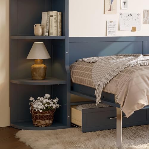 Bellemave Full Murphy Bed with Shelf, Cabinet Bed Frame with Side Cabinets, Murphy Cabinet with Drawers, Noisy Free, for Guest Bedroom, Living Room, Blue