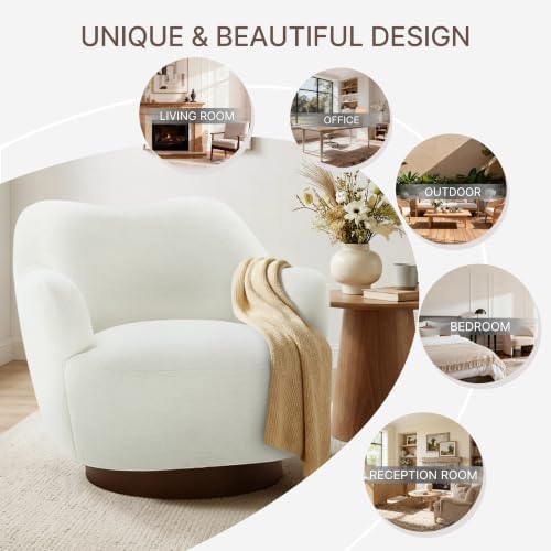 Swivel Accent Chair with Curved Arms, Wooden Base, Cream White, Set of 2