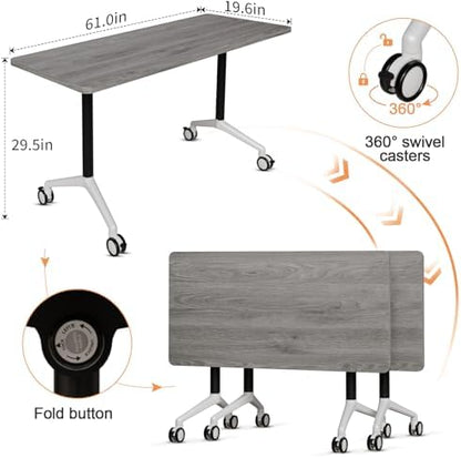 Folding Conference Table, Conference Room Tables with Wheels Foldable Large Rectangle Meeting Seminar Table for 6-12 People, Flip Top Mobile Training Table for Office Classr (8, Gray, 61in)