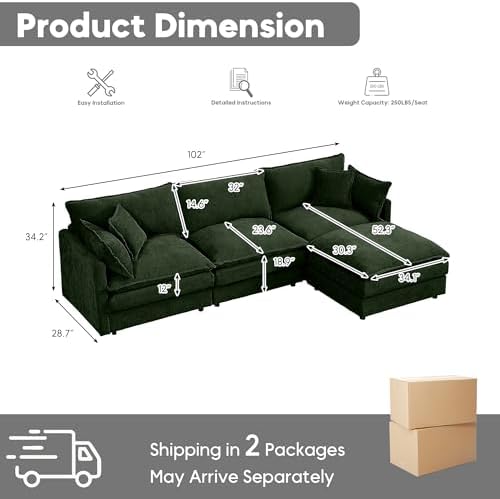 Modern 102" L Shaped Sectional Sofa Cloud Couch, Modern Chenille Comfy Modular Sleeper Sofa, Upholstery Sofa with Ottoman & Memory Foam for Living Room, Green