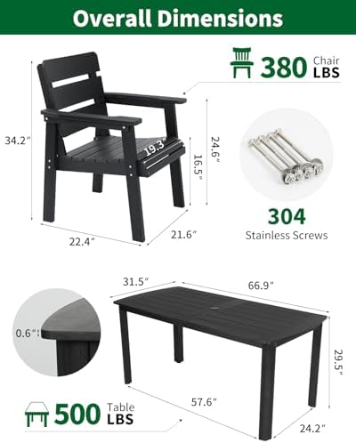 7pcs Patio Dining Set with Umbrella Hole Table & 6 Chairs, Black