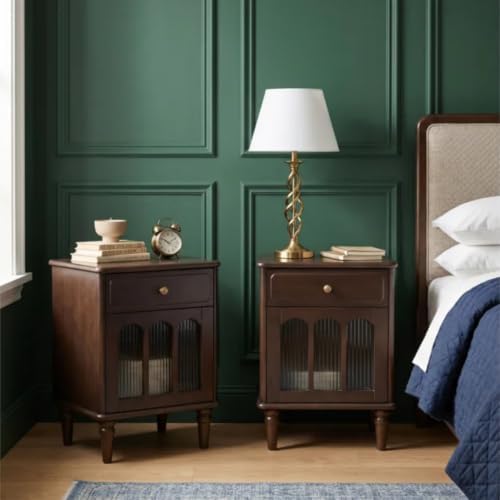 100% Solid Wood Nightstand Set of 2, Mid Century Modern Night Stand with Drawers, Wooden Nightstands for Bedroom, Small Night Stands Bedside Tables (Black/Walnut, 19.69" H)