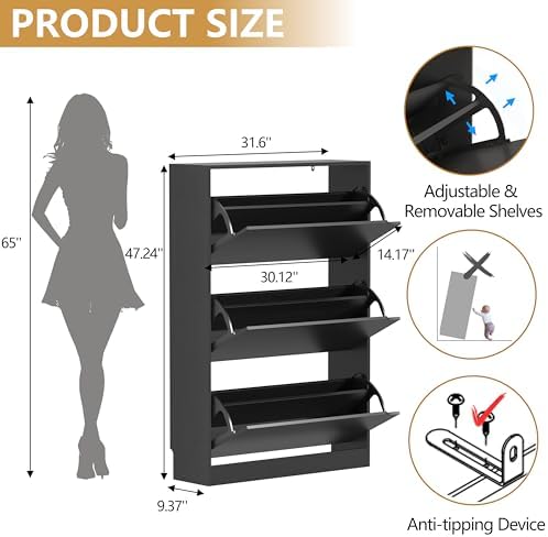 Wodeer Narrow Shoe Cabinet for Entryway, Slim Shoe Storage Cabinet with 3 Flip Drawers, Hidden Wood Shoe Cabinet Storage, Freestanding Shoe Rack Organizer Foyer, Hallway, Black