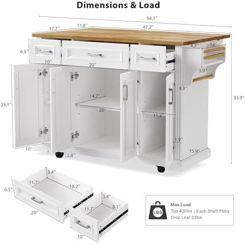 54" Rolling Kitchen Island with Drop Leaf, White