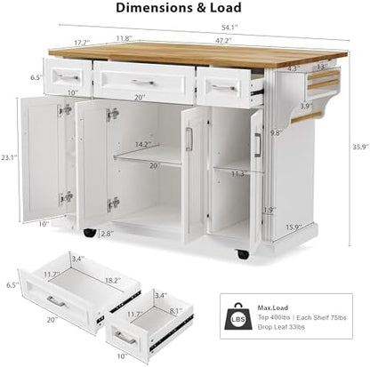 54" Rolling Kitchen Island with Drop Leaf, White