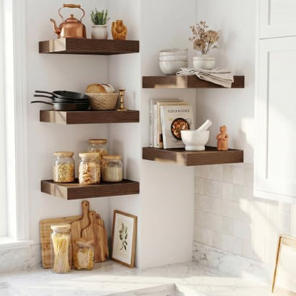 Wood Floating Shelves 16 Inch, 12 Inch Deep Shelves Wall Mount, Wall Shelves with Invisible Bracket, 16" Floating Shelves for Living Room Bathroom Bedroom, Walnut, Set of 2
