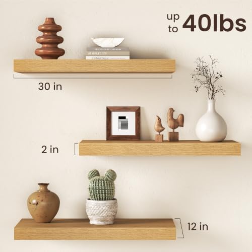 12" Deep Floating Shelves for Wall, 30" Long Oak Finish Wall Shelves, Set of 2, 2" Thick Rustic Storage Shelves with Invisible Brackets for Living Room Bedroom Kitchen