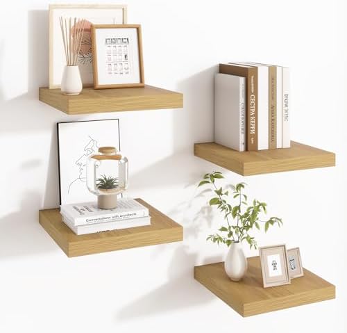 Square Floating Shelves for Wall - 9.3 Inch Deep Floating Shelves with Invisible Brackets, Oak Small Wall Shelf for Living Room, Bathroom, Bedroom, and Kitchen Decor Set of 4