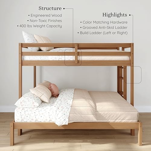 Grain & Grove Bear Twin Over Full Bunk Bed, Sturdy Bunk Bed Frame for Kids, Plywood Bunk with Ladder, Guardrail, and Slats, No Box Spring Required, Oak Embossed Pecan