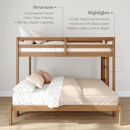 Grain & Grove Bear Twin Over Full Bunk Bed, Sturdy Bunk Bed Frame for Kids, Plywood Bunk with Ladder, Guardrail, and Slats, No Box Spring Required, Oak Embossed Pecan