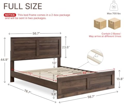 KISLOT Wood Bed Frame with Headboard and Footboard, Walnut, Full