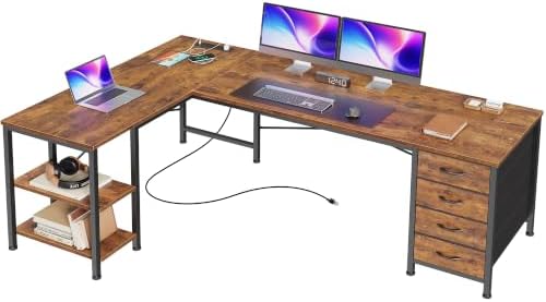 L-shaped corner computer desk with a rustic brown wood-grain top and black metal frame, featuring a side cabinet with drawers, open shelving, and a desk mat under dual computer monitors.