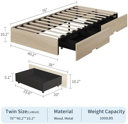 GarveeHome Wood Platform Bed Frame, Twin Bed Frame with 2 Drawers
