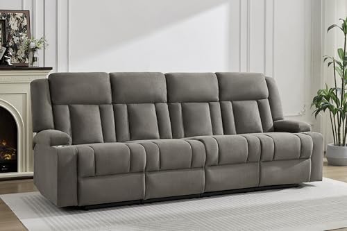 Recliner Sofa with Cup Holders, 4-Seater Fabric Reclining Couch, Manual Recliner Wall Hugger for Living Room, Home Theater (Light Brown)