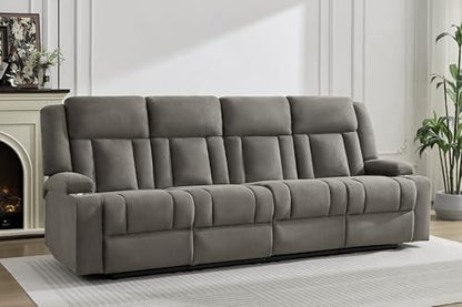 Recliner Sofa with Cup Holders, 4-Seater Fabric Reclining Couch, Manual Recliner Wall Hugger for Living Room, Home Theater (Light Brown)