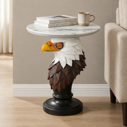 Large American Eagle Pedestal Table - 25.59" Tall Majestic Bald Eagle End Table with Wide 19.69" Faux Marble Top, Premium Resin Statue Decor or Office Centerpiece, 26.46 LBS