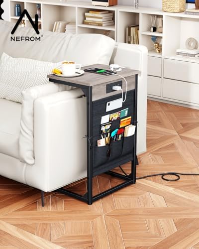 C-Shaped End Tables Set of 2, Small Couch Side Table with Fast-Charging Station, Sofa TV Tray Table with Storage Bag for Living Room, Bedroom, Bedside ET-GY-W2