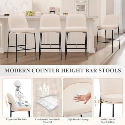 COLAMY Counter Height Bar Stools Set of 2, 25 Inch Modern Fabric Kitchen Island Stools with Back, Upholstered Counter Barstools Armless Bar Chairs with Metal Legs for Island Dining Room Bar, Beige