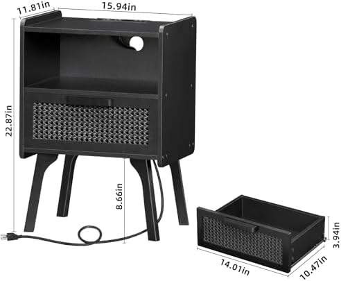 Lerliuo Rattan Nightstands Set of 2 with Charging Station, Boho Side Table