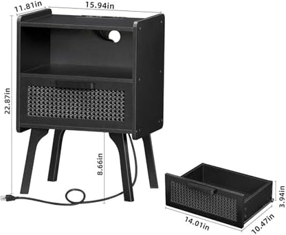 Lerliuo Rattan Nightstands Set of 2 with Charging Station, Boho Side Table