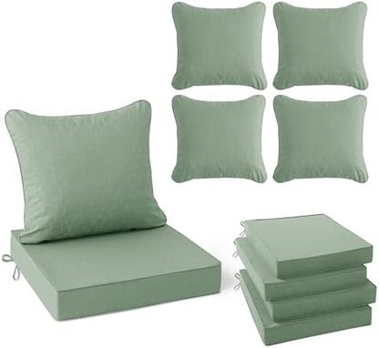 Outdoor Cushions for Patio Furniture, Faux Linen Water Resistant Backrest and Seat Cushion Set with Removable Cover, Ties, Non-Slip Bottom, 19 x 19 Inch, Sage Green, Set of 4