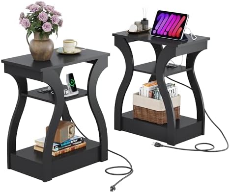 WLIVE End Tables Living Room Set of 2 with Charging Station Black