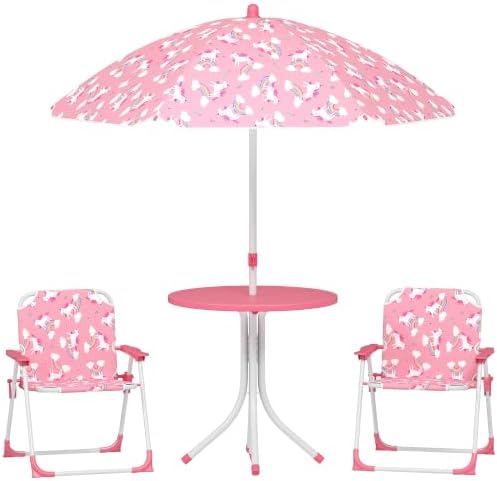 Qaba Kids Picnic Table and Chair Set Outdoor Unicorn and Rainbow Pink