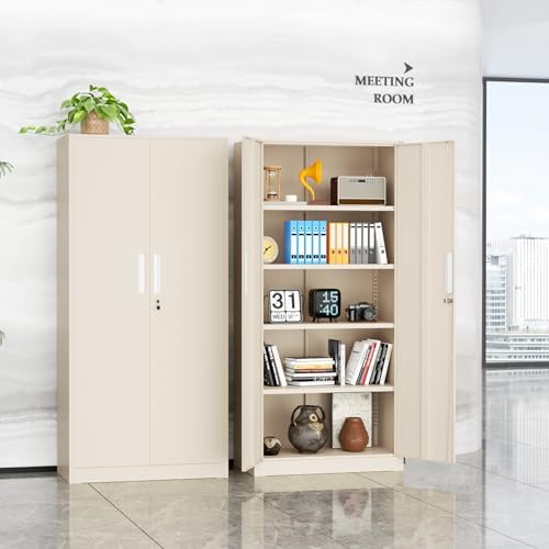 Crownland 72" Metal Storage Cabinet, Lockable Garage Storage Cabinets, High Office Cabinet with Adjustable Shelves for Garage, Home Office, Classroom, Pantry, File(Warm Grey-Narrow Size)