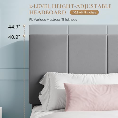 SHA CERLIN King Size Bed Frame, Velvet Upholstered Platform Bed, Grey
